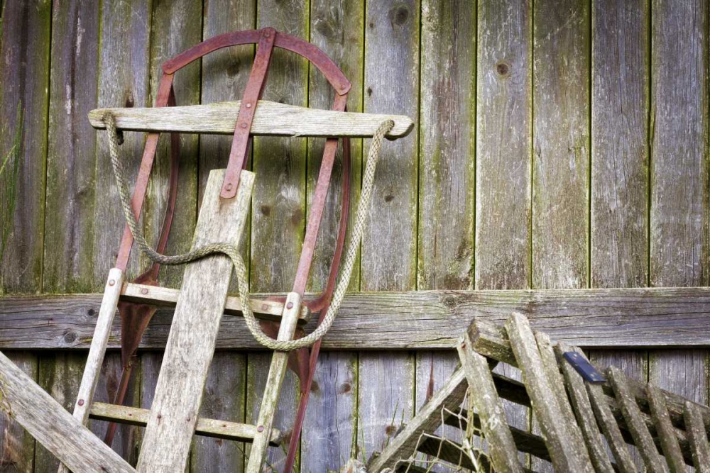 USA, Washington, Belfair Old sled in storage